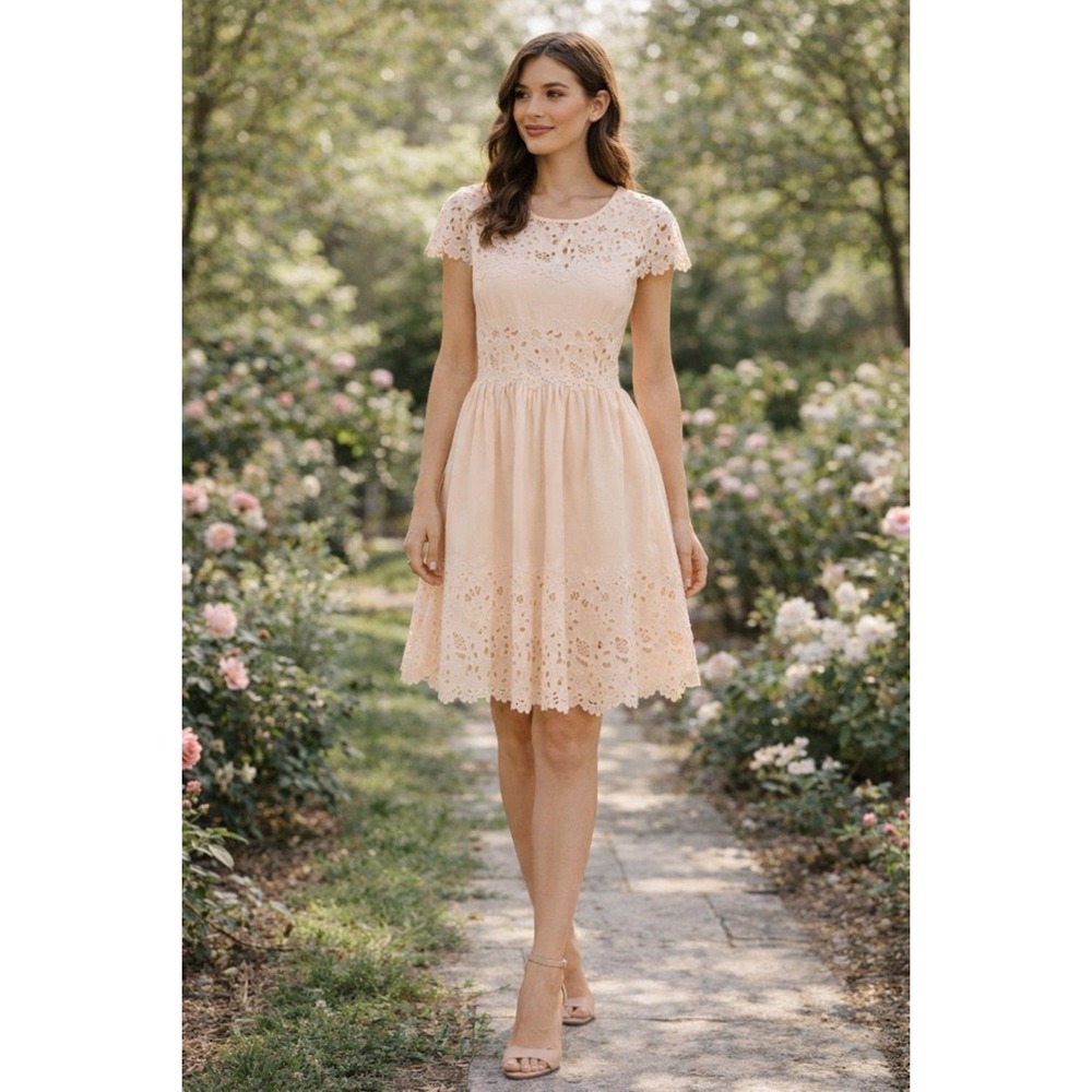 Club Monaco Romantic Eyelet Lace Fit Flare‎ Dress Peach Cap Sleeve 6